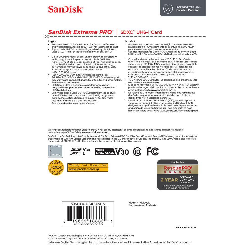 SanDisk SD 64GB Extreme Pro 200MB/s UHS-I Class10 U3 V30 - 5